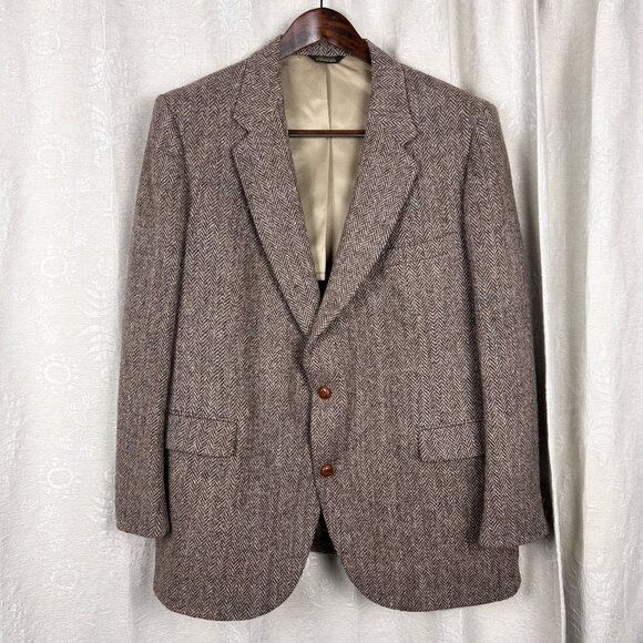 Harris Tweed vintage chevron brown wool blazer sport coat suit jacket Stafford